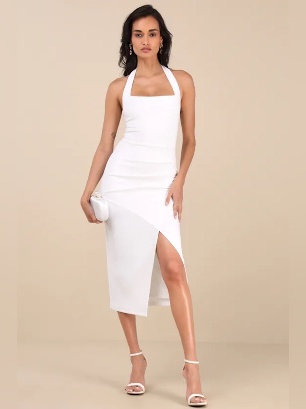 Lulu's Prominent charm white halter bodycon tulip midi dress
